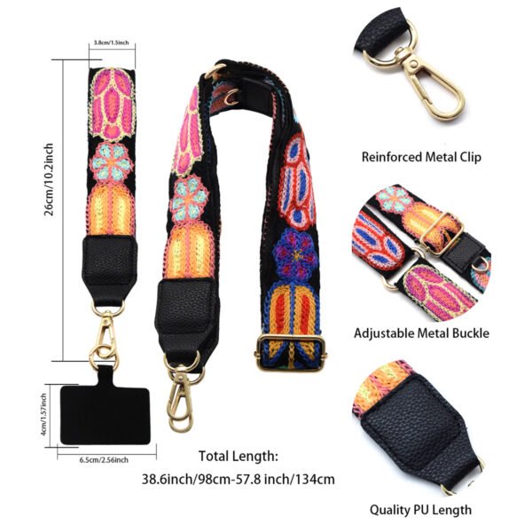 Adjustable Detachable Woven Crossbody Bag | Cultural And Ethnic Style Woven Flower Wide Shoulder Strap With Mobile Phone Lanyard And Mobile Phone Crossbody Strap-Black flowers