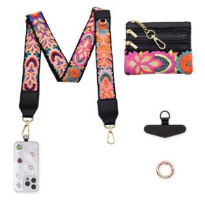 Adjustable Detachable Woven Crossbody Bag | Cultural And Ethnic Style Woven Flower Wide Shoulder Strap With Mobile Phone Lanyard And Mobile Phone Crossbody Strap-Black flowers2