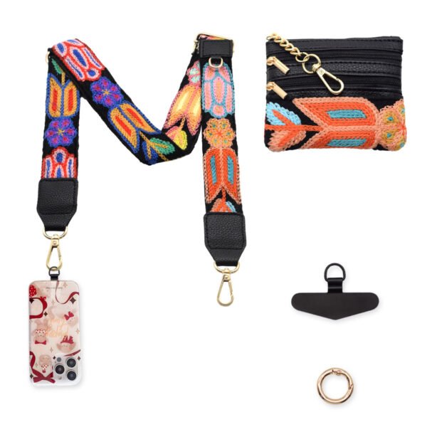 Adjustable Detachable Woven Crossbody Bag | Cultural And Ethnic Style Woven Flower Wide Shoulder Strap With Mobile Phone Lanyard And Mobile Phone Crossbody Strap-Black flowers