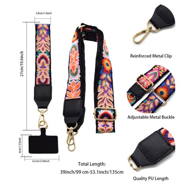 Adjustable Detachable Woven Crossbody Bag | Cultural And Ethnic Style Woven Flower Wide Shoulder Strap With Mobile Phone Lanyard And Mobile Phone Crossbody Strap-Black flowers2
