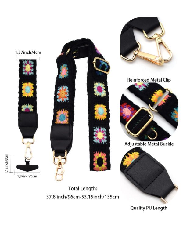 Adjustable Detachable Woven Crossbody Bag | Cultural And Ethnic Style Woven Flower Wide Shoulder Strap With Mobile Phone Lanyard And Mobile Phone Crossbody Strap-Black-f