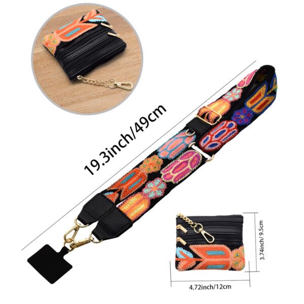 Adjustable Detachable Woven Crossbody Bag | Cultural And Ethnic Style Woven Flower Wide Shoulder Strap With Mobile Phone Lanyard And Mobile Phone Crossbody Strap-Black flowers