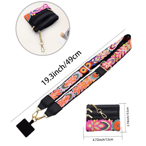 Adjustable Detachable Woven Crossbody Bag | Cultural And Ethnic Style Woven Flower Wide Shoulder Strap With Mobile Phone Lanyard And Mobile Phone Crossbody Strap-Black flowers2