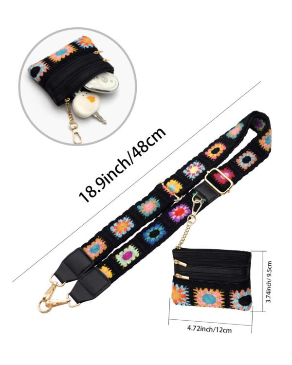 Adjustable Detachable Woven Crossbody Bag | Cultural And Ethnic Style Woven Flower Wide Shoulder Strap With Mobile Phone Lanyard And Mobile Phone Crossbody Strap-Black-f