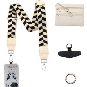 Adjustable Detachable Woven Crossbody Bag | Cultural And Ethnic Style Woven Flower Wide Shoulder Strap With Mobile Phone Lanyard And Mobile Phone Crossbody Strap-Black&White