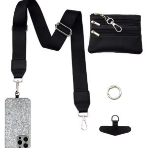 Adjustable Detachable Woven Crossbody Bag | Cultural And Ethnic Style Woven Flower Wide Shoulder Strap With Mobile Phone Lanyard And Mobile Phone Crossbody Strap-Black