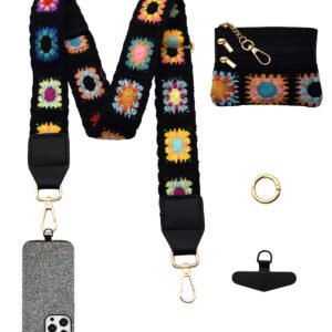 Adjustable Detachable Woven Crossbody Bag | Cultural And Ethnic Style Woven Flower Wide Shoulder Strap With Mobile Phone Lanyard And Mobile Phone Crossbody Strap-Black-f