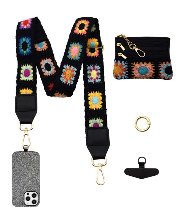 Adjustable Detachable Woven Crossbody Bag | Cultural And Ethnic Style Woven Flower Wide Shoulder Strap With Mobile Phone Lanyard And Mobile Phone Crossbody Strap-Black-f