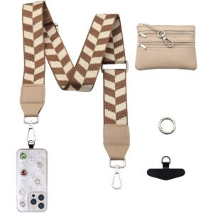 Adjustable Detachable Woven Crossbody Bag | Cultural And Ethnic Style Woven Flower Wide Shoulder Strap With Mobile Phone Lanyard And Mobile Phone Crossbody Strap-Coffee