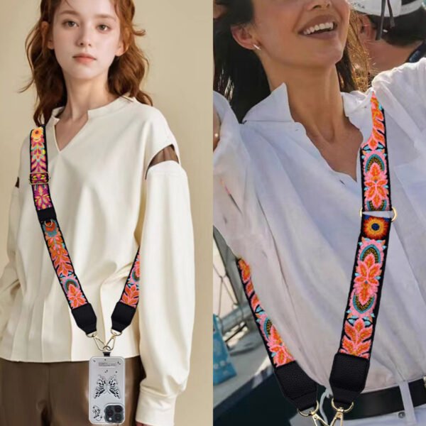 Adjustable Detachable Woven Crossbody Bag | Cultural And Ethnic Style Woven Flower Wide Shoulder Strap With Mobile Phone Lanyard And Mobile Phone Crossbody Strap-Black flowers2