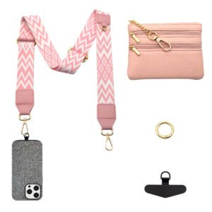 Adjustable Detachable Woven Crossbody Bag | Cultural And Ethnic Style Woven Flower Wide Shoulder Strap With Mobile Phone Lanyard And Mobile Phone Crossbody Strap-Light Pink