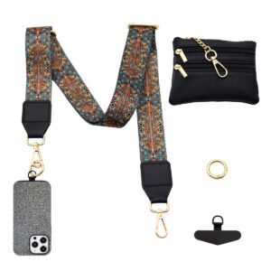 Adjustable Detachable Woven Crossbody Bag | Cultural And Ethnic Style Woven Flower Wide Shoulder Strap With Mobile Phone Lanyard And Mobile Phone Crossbody Strap-Blue