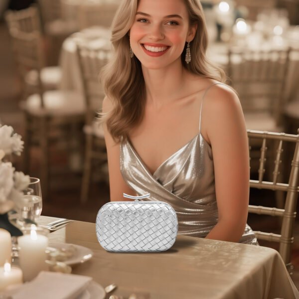 PU Leather Woven Wedding Guest Clutch Metal Chain Shoulder Crossbody Bag White