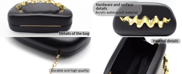2 (10) Wave Handle Pu Dinner Bag,Metal Chain Shoulder Bag Set Black