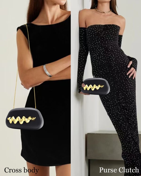 2 (13) Wave Handle Pu Dinner Bag,Metal Chain Shoulder Bag Set Black