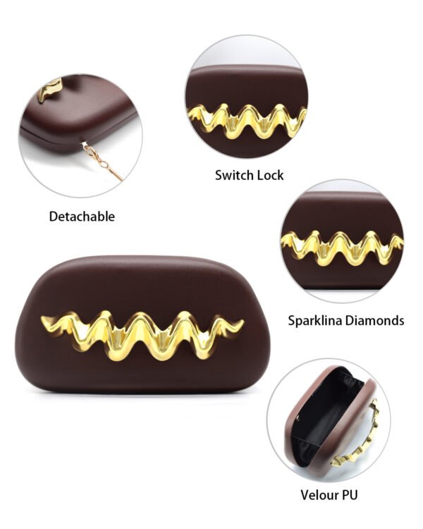 Wave Handle Pu Dinner Bag,Metal Chain Shoulder Bag Set Brown