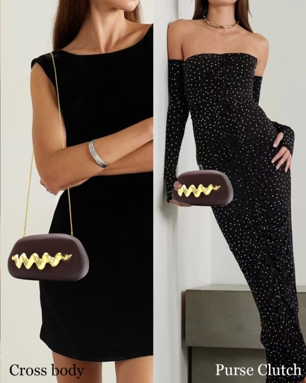 Wave Handle Pu Dinner Bag,Metal Chain Shoulder Bag Set Brown