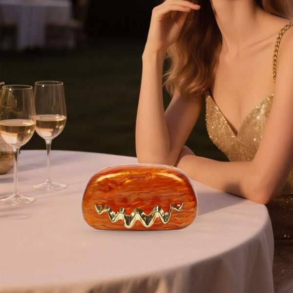 Wave Handle Acrylic Dinner Bag,Metal Chain Shoulder Bag Set Orange