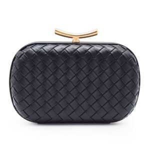 未标题-1 PU Leather Woven Wedding Guest Clutch Metal Chain Shoulder Crossbody Bag Black