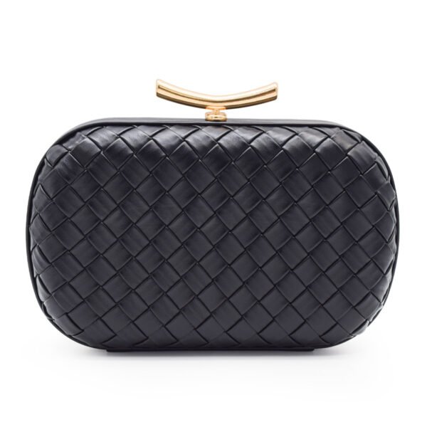 PU Leather Woven Wedding Guest Clutch Metal Chain Shoulder Crossbody Bag Black
