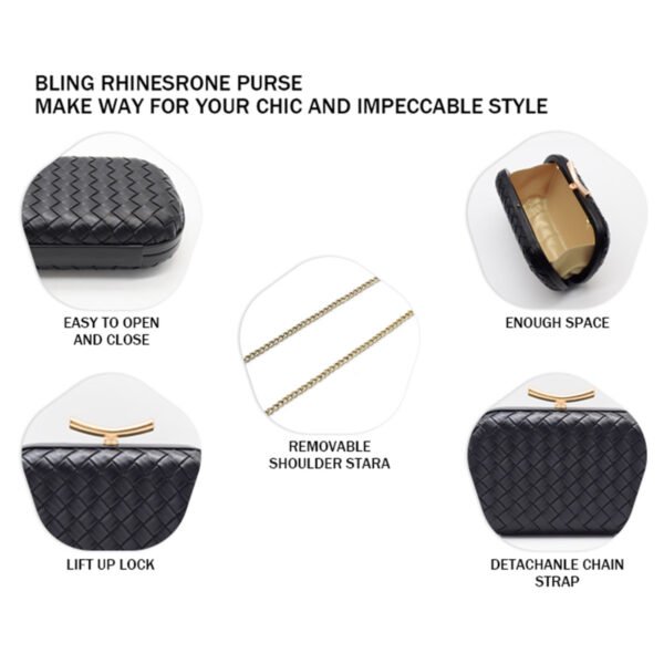 PU Leather Woven Wedding Guest Clutch Metal Chain Shoulder Crossbody Bag Black