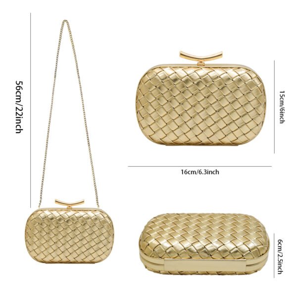 PU Leather Woven Wedding Guest Clutch Metal Chain Shoulder Crossbody Bag Gold