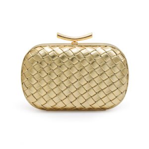 未标题-llL1111 PU Leather Woven Wedding Guest Clutch Metal Chain Shoulder Crossbody Bag Gold